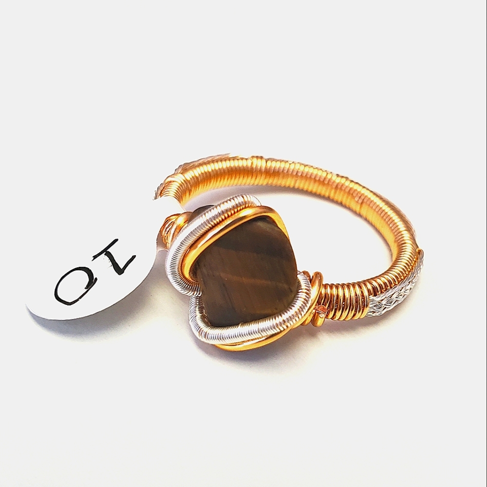 "Eye of the tiger" Tigers eye handmade wire wrap ring size 10